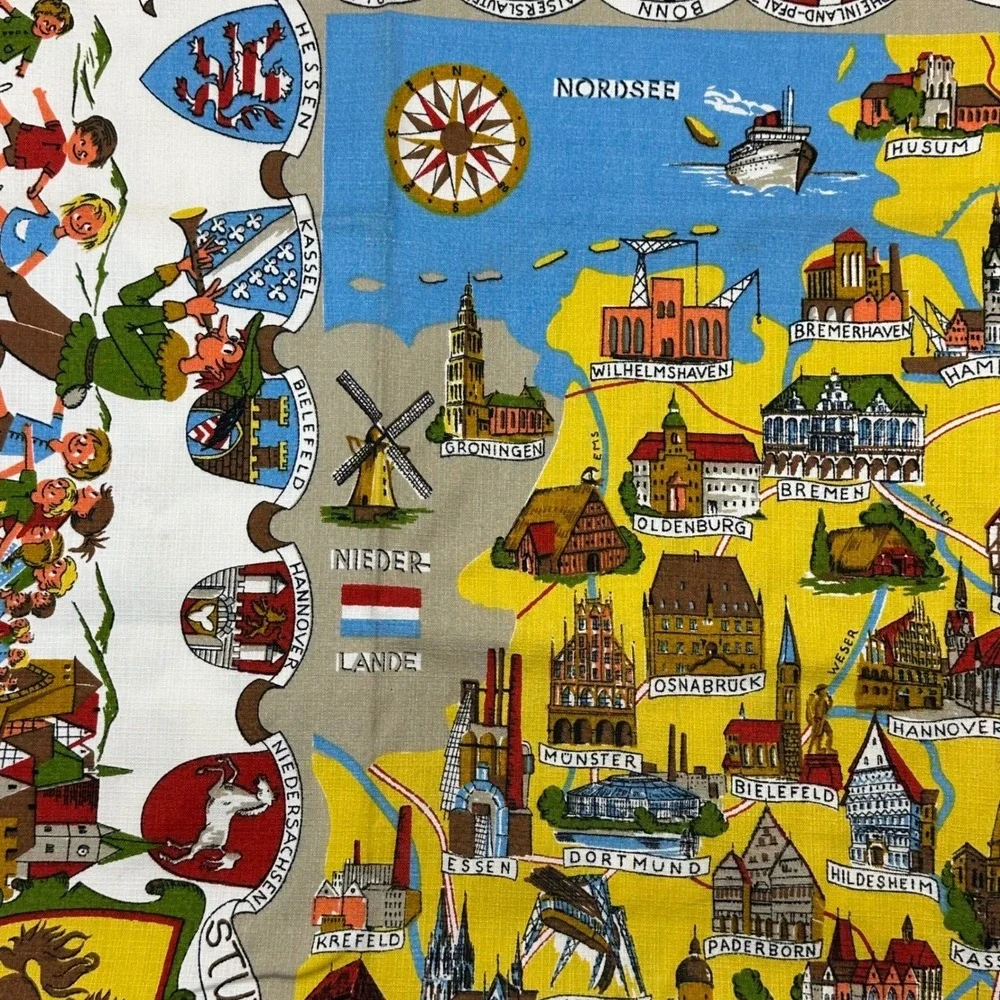 Vtg 50s Germany Souvenir Map Tea Towel Illustrated Cities Coats of Arms‎ 62